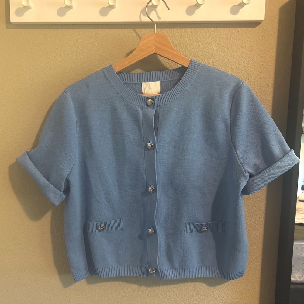 Blue Short Sleeve Women's Cardigan